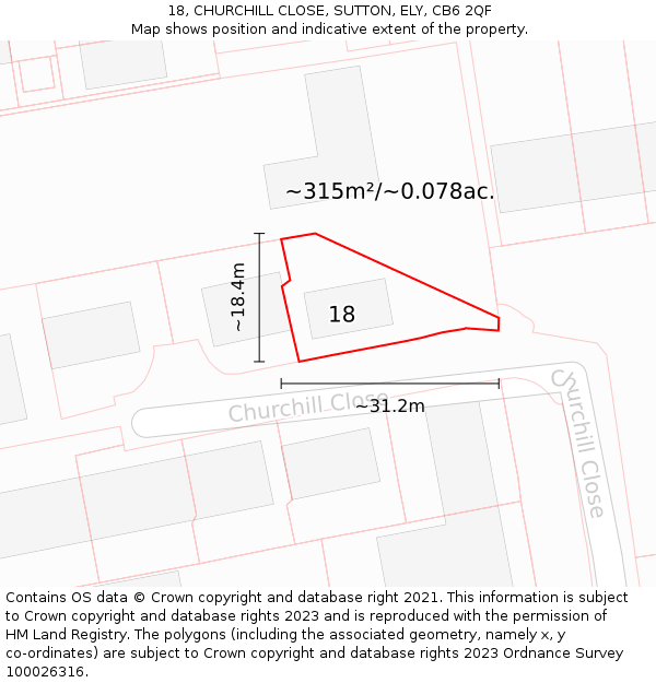 18, CHURCHILL CLOSE, SUTTON, ELY, CB6 2QF: Plot and title map