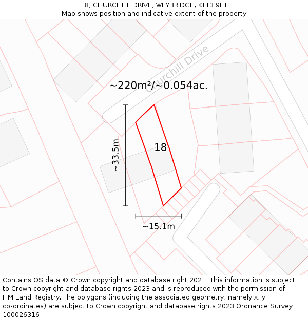 18, CHURCHILL DRIVE, WEYBRIDGE, KT13 9HE: Plot and title map