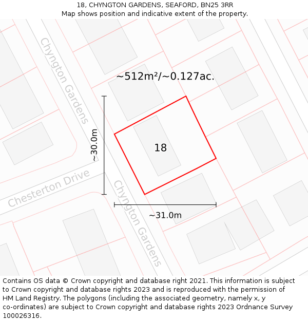 18, CHYNGTON GARDENS, SEAFORD, BN25 3RR: Plot and title map