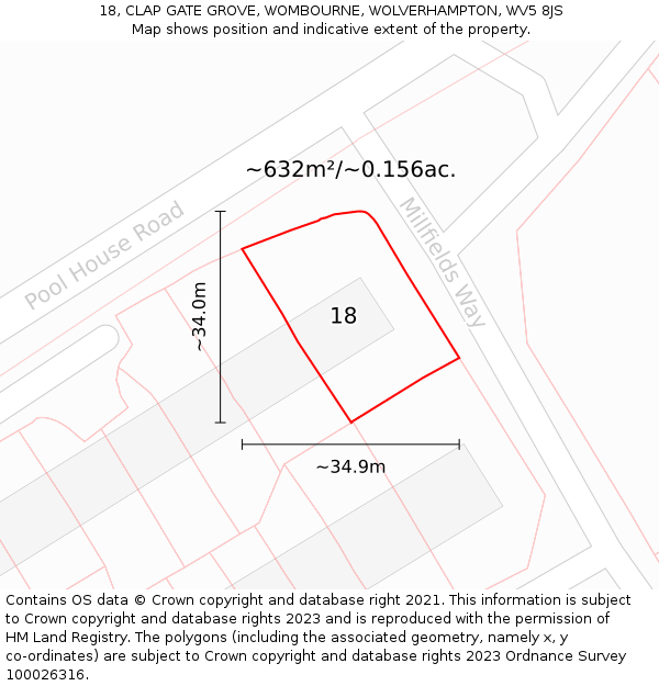 18, CLAP GATE GROVE, WOMBOURNE, WOLVERHAMPTON, WV5 8JS: Plot and title map