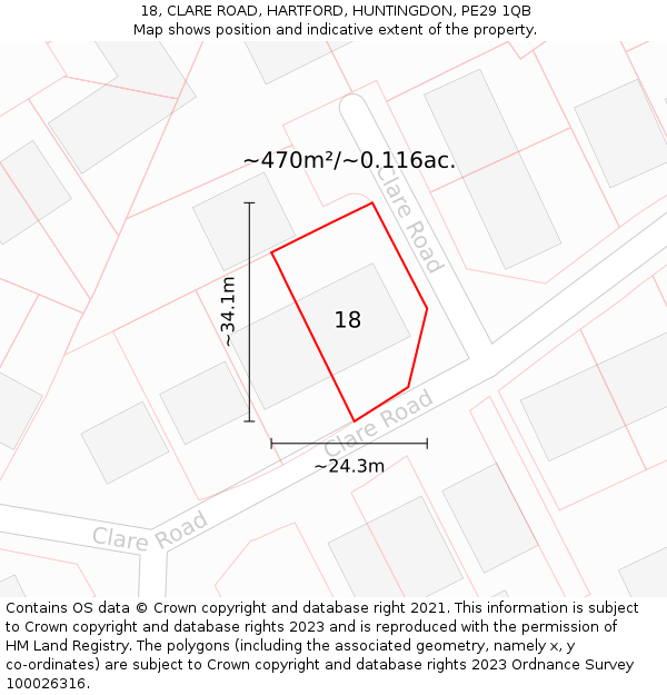 18, CLARE ROAD, HARTFORD, HUNTINGDON, PE29 1QB: Plot and title map
