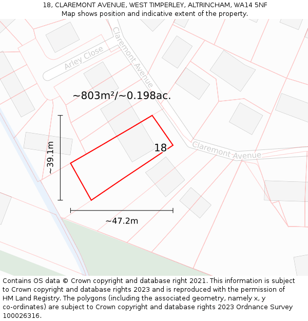 18, CLAREMONT AVENUE, WEST TIMPERLEY, ALTRINCHAM, WA14 5NF: Plot and title map