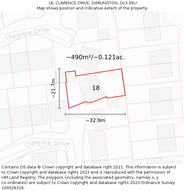 18, CLARENCE DRIVE, DARLINGTON, DL3 9XU: Plot and title map