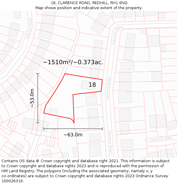 18, CLARENCE ROAD, REDHILL, RH1 6NG: Plot and title map