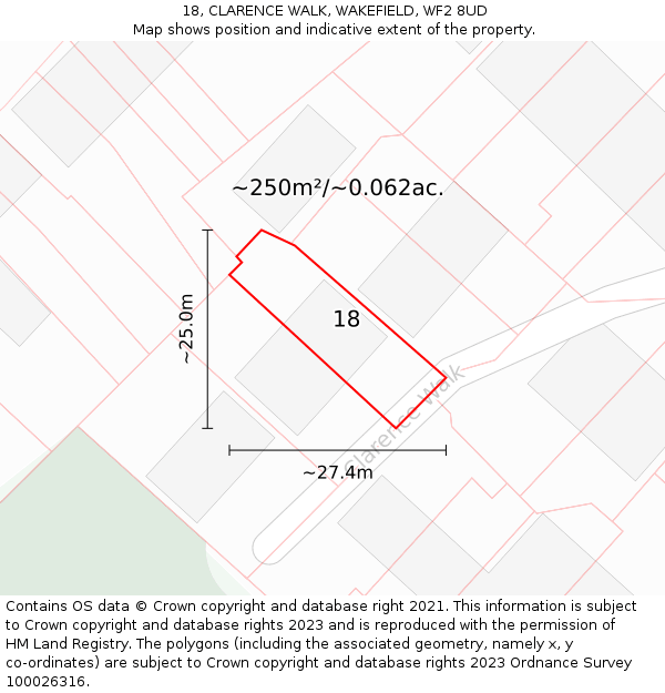 18, CLARENCE WALK, WAKEFIELD, WF2 8UD: Plot and title map