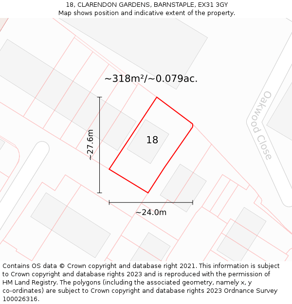 18, CLARENDON GARDENS, BARNSTAPLE, EX31 3GY: Plot and title map