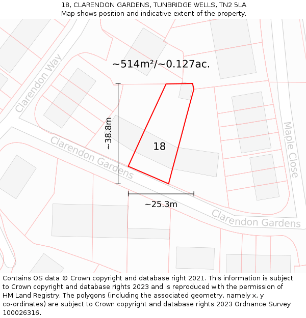 18, CLARENDON GARDENS, TUNBRIDGE WELLS, TN2 5LA: Plot and title map