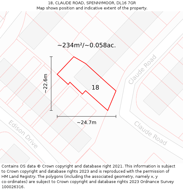 18, CLAUDE ROAD, SPENNYMOOR, DL16 7GR: Plot and title map