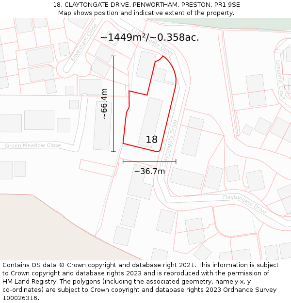 18, CLAYTONGATE DRIVE, PENWORTHAM, PRESTON, PR1 9SE: Plot and title map