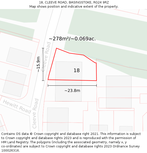 18, CLEEVE ROAD, BASINGSTOKE, RG24 9RZ: Plot and title map