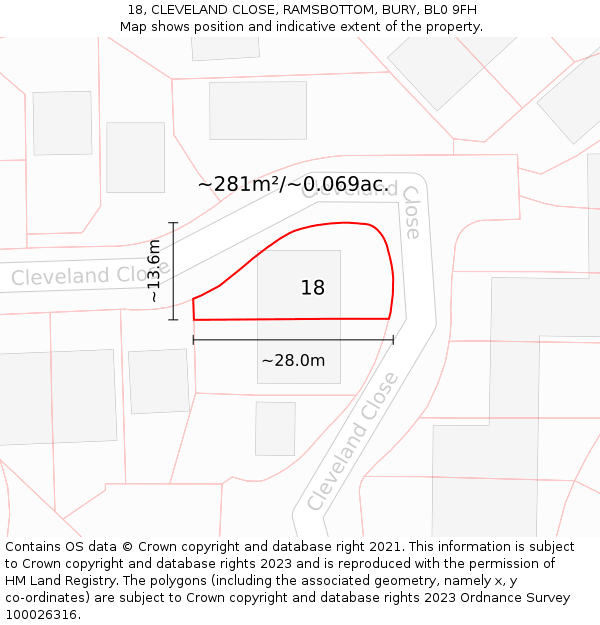 18, CLEVELAND CLOSE, RAMSBOTTOM, BURY, BL0 9FH: Plot and title map