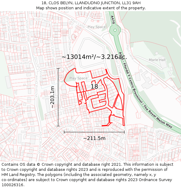 18, CLOS BELYN, LLANDUDNO JUNCTION, LL31 9AH: Plot and title map