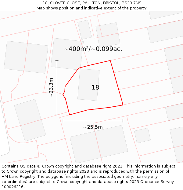 18, CLOVER CLOSE, PAULTON, BRISTOL, BS39 7NS: Plot and title map