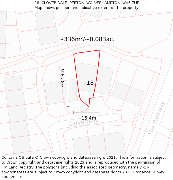 18, CLOVER DALE, PERTON, WOLVERHAMPTON, WV6 7UB: Plot and title map