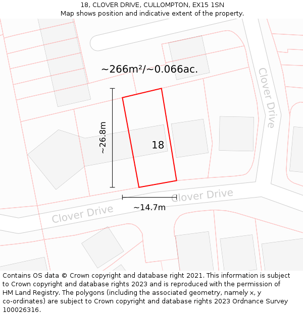 18, CLOVER DRIVE, CULLOMPTON, EX15 1SN: Plot and title map