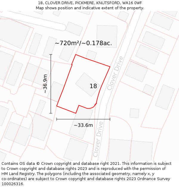 18, CLOVER DRIVE, PICKMERE, KNUTSFORD, WA16 0WF: Plot and title map