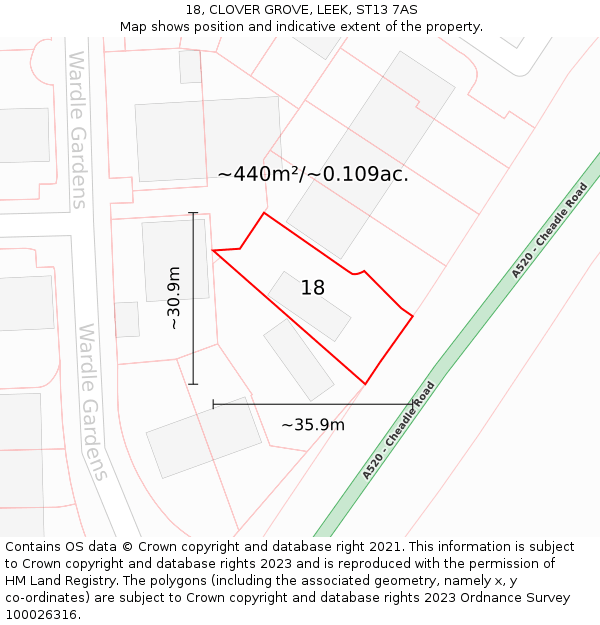 18, CLOVER GROVE, LEEK, ST13 7AS: Plot and title map