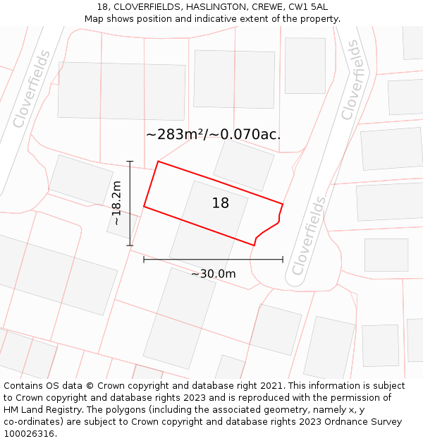 18, CLOVERFIELDS, HASLINGTON, CREWE, CW1 5AL: Plot and title map