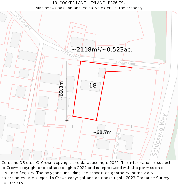 18, COCKER LANE, LEYLAND, PR26 7SU: Plot and title map