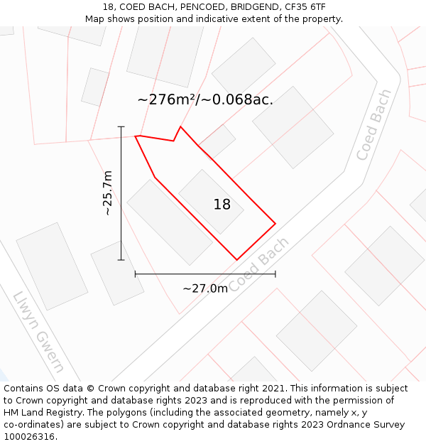 18, COED BACH, PENCOED, BRIDGEND, CF35 6TF: Plot and title map