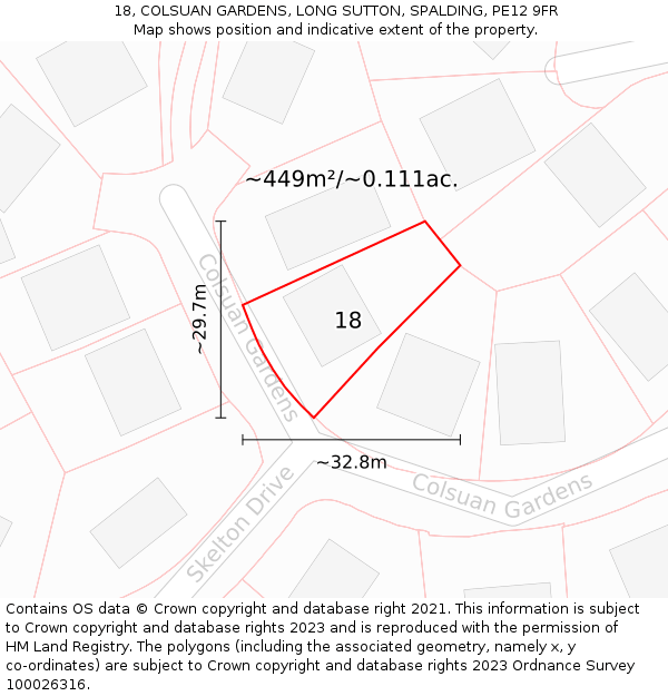 18, COLSUAN GARDENS, LONG SUTTON, SPALDING, PE12 9FR: Plot and title map