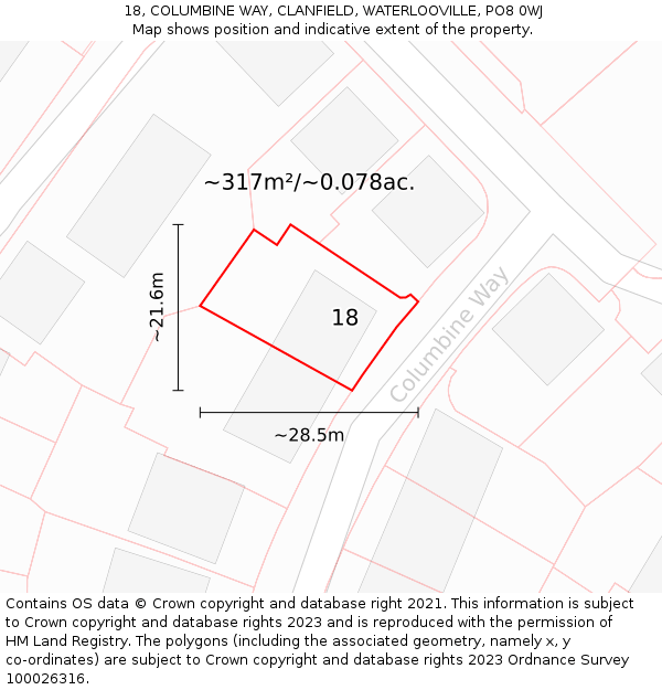 18, COLUMBINE WAY, CLANFIELD, WATERLOOVILLE, PO8 0WJ: Plot and title map