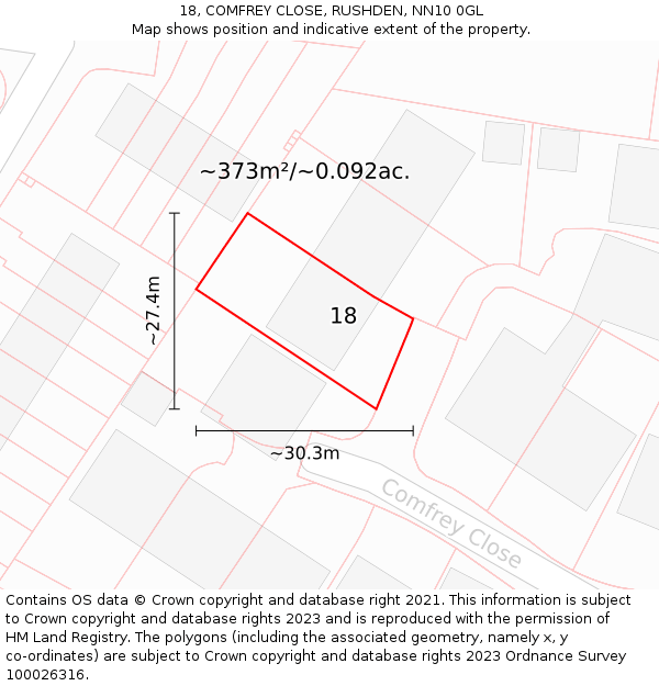 18, COMFREY CLOSE, RUSHDEN, NN10 0GL: Plot and title map