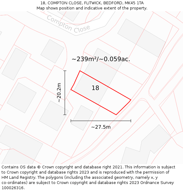 18, COMPTON CLOSE, FLITWICK, BEDFORD, MK45 1TA: Plot and title map