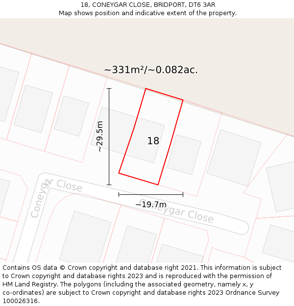 18, CONEYGAR CLOSE, BRIDPORT, DT6 3AR: Plot and title map