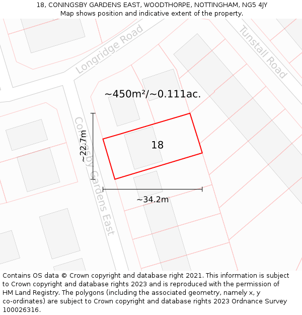 18, CONINGSBY GARDENS EAST, WOODTHORPE, NOTTINGHAM, NG5 4JY: Plot and title map