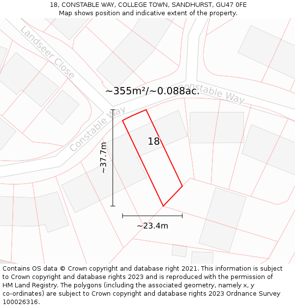 18, CONSTABLE WAY, COLLEGE TOWN, SANDHURST, GU47 0FE: Plot and title map