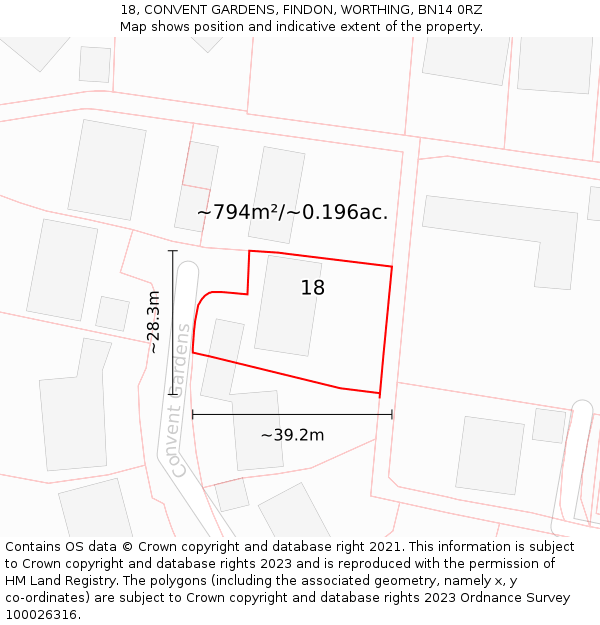 18, CONVENT GARDENS, FINDON, WORTHING, BN14 0RZ: Plot and title map