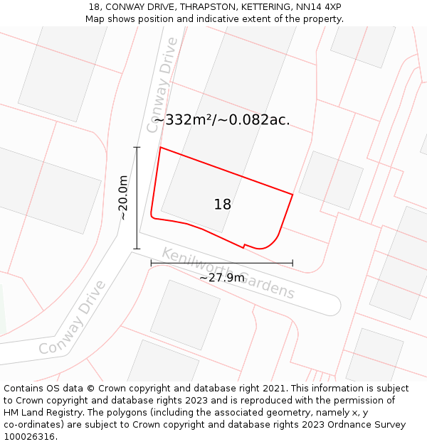 18, CONWAY DRIVE, THRAPSTON, KETTERING, NN14 4XP: Plot and title map