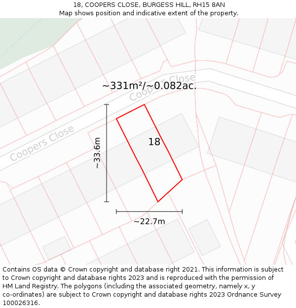 18, COOPERS CLOSE, BURGESS HILL, RH15 8AN: Plot and title map