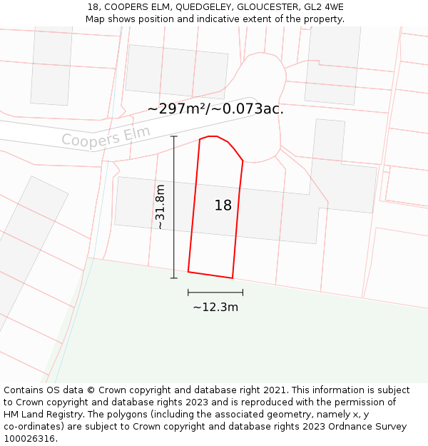 18, COOPERS ELM, QUEDGELEY, GLOUCESTER, GL2 4WE: Plot and title map