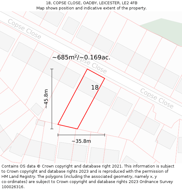 18, COPSE CLOSE, OADBY, LEICESTER, LE2 4FB: Plot and title map