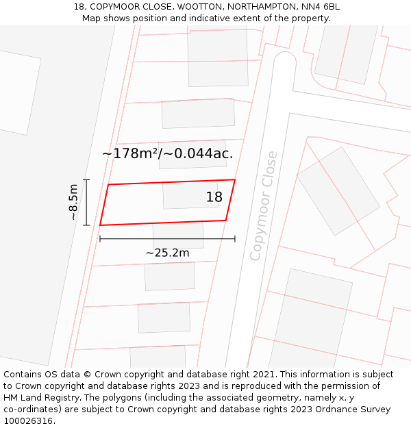 18, COPYMOOR CLOSE, WOOTTON, NORTHAMPTON, NN4 6BL: Plot and title map