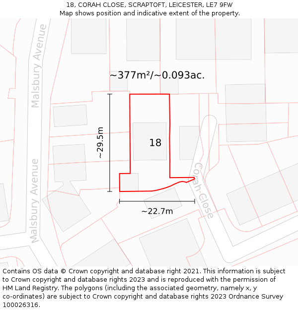 18, CORAH CLOSE, SCRAPTOFT, LEICESTER, LE7 9FW: Plot and title map
