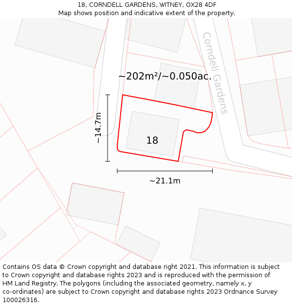 18, CORNDELL GARDENS, WITNEY, OX28 4DF: Plot and title map