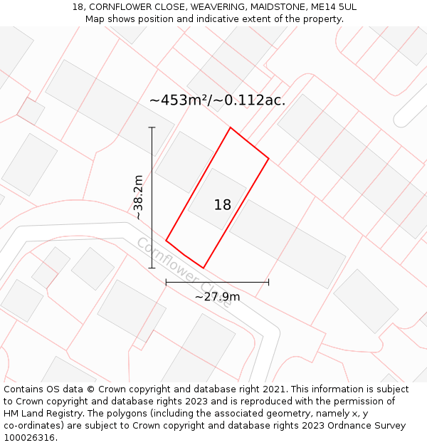 18, CORNFLOWER CLOSE, WEAVERING, MAIDSTONE, ME14 5UL: Plot and title map