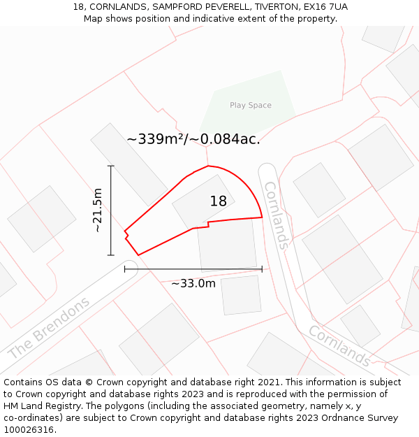 18, CORNLANDS, SAMPFORD PEVERELL, TIVERTON, EX16 7UA: Plot and title map