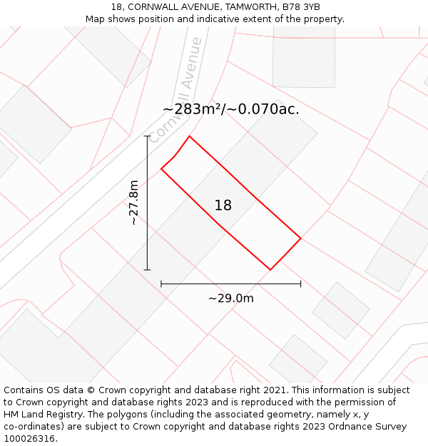 18, CORNWALL AVENUE, TAMWORTH, B78 3YB: Plot and title map