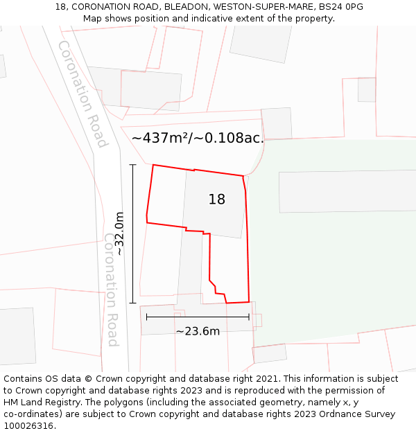 18, CORONATION ROAD, BLEADON, WESTON-SUPER-MARE, BS24 0PG: Plot and title map