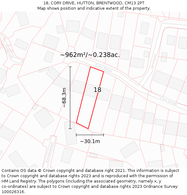 18, CORY DRIVE, HUTTON, BRENTWOOD, CM13 2PT: Plot and title map