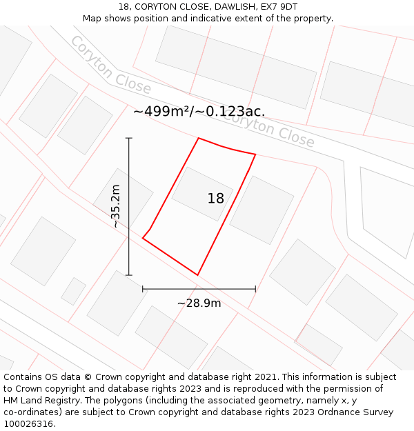 18, CORYTON CLOSE, DAWLISH, EX7 9DT: Plot and title map