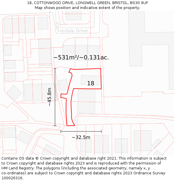 18, COTTONWOOD DRIVE, LONGWELL GREEN, BRISTOL, BS30 9UF: Plot and title map