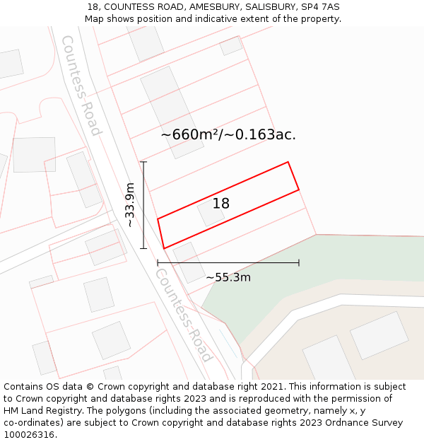 18, COUNTESS ROAD, AMESBURY, SALISBURY, SP4 7AS: Plot and title map
