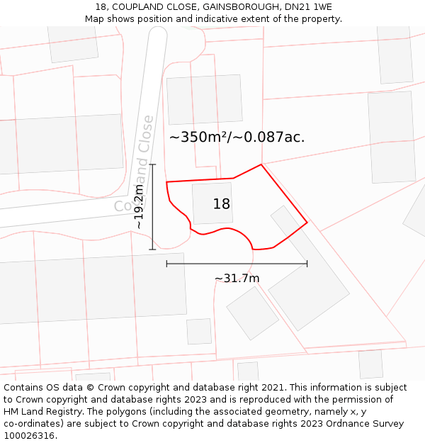 18, COUPLAND CLOSE, GAINSBOROUGH, DN21 1WE: Plot and title map