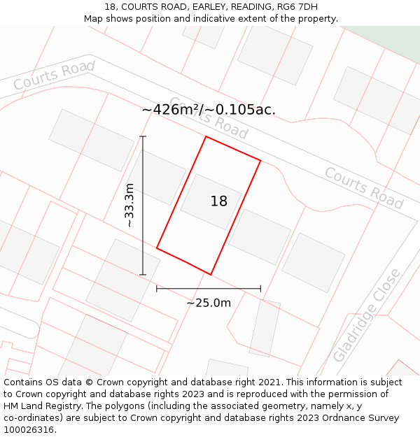 18, COURTS ROAD, EARLEY, READING, RG6 7DH: Plot and title map