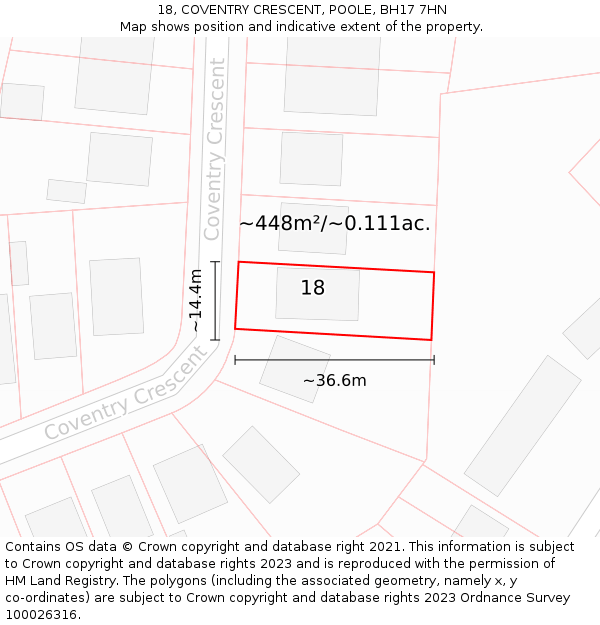 18, COVENTRY CRESCENT, POOLE, BH17 7HN: Plot and title map